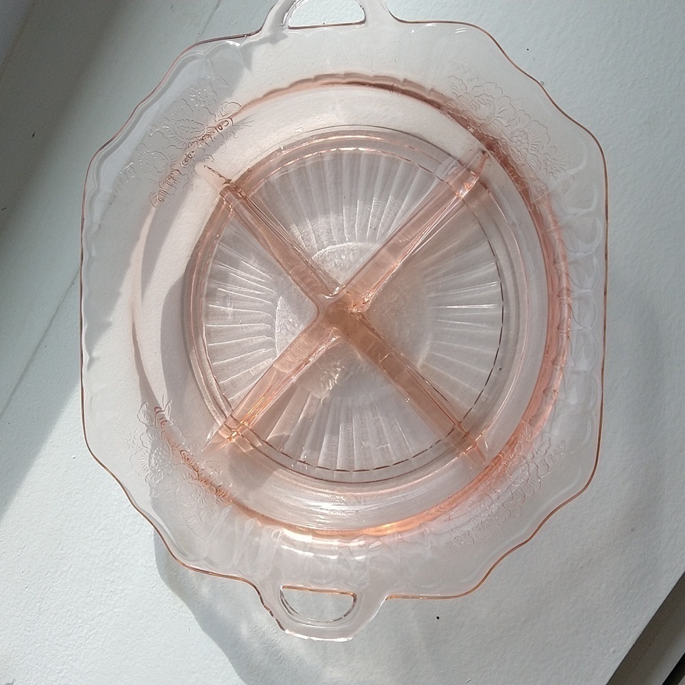 Pink depression glass serving platter divided with handles 8 1/2" x 10"